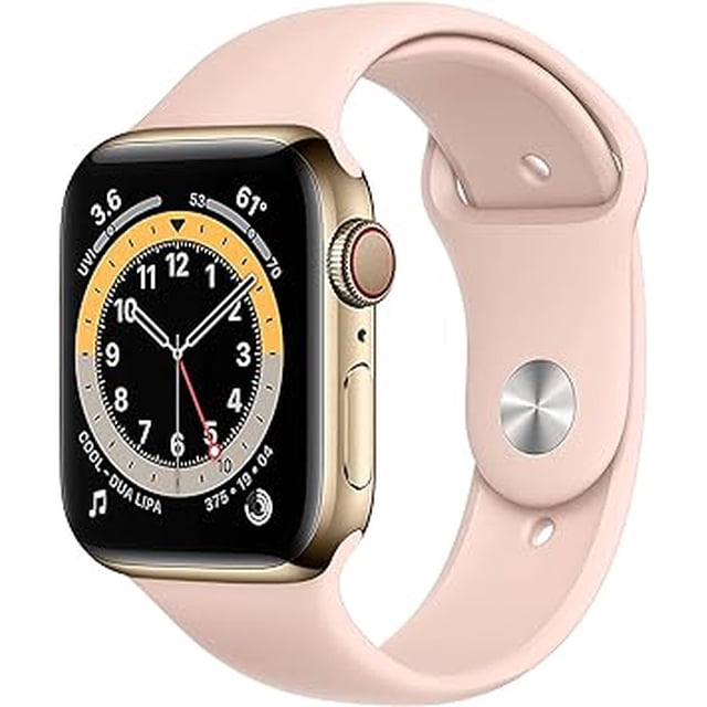 Restauré Apple Watch Série 6 (GPS + Cellulaire, 44mm) Boîtier en Acier Inoxydable Doré + Bande de Sable Rose - Excellent (Certifié Rénové)