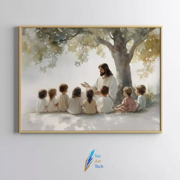 Jesus Teaching The Children Landscape, Lds Art, Jesus Christ Watercolor Art P Home Decor, Vintage Art Print, Haging Poster, Cute Birthday Gift, Wall Art NO FRAMED POSTER