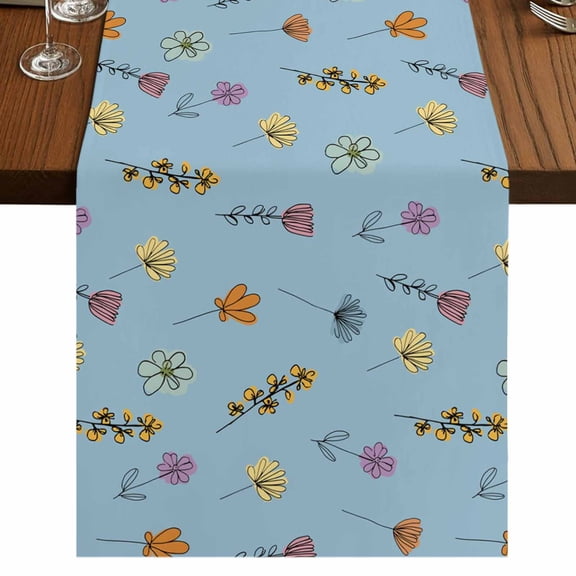 Table Runners 72 Inches Long Dress Scarves, Spring Flowers Farmhouse Kitchen/Dining Table Runner, Coffee Tablerunners, Pink Yellow Wildflowers Pastoral Botanical Blue 16x72 Inch
