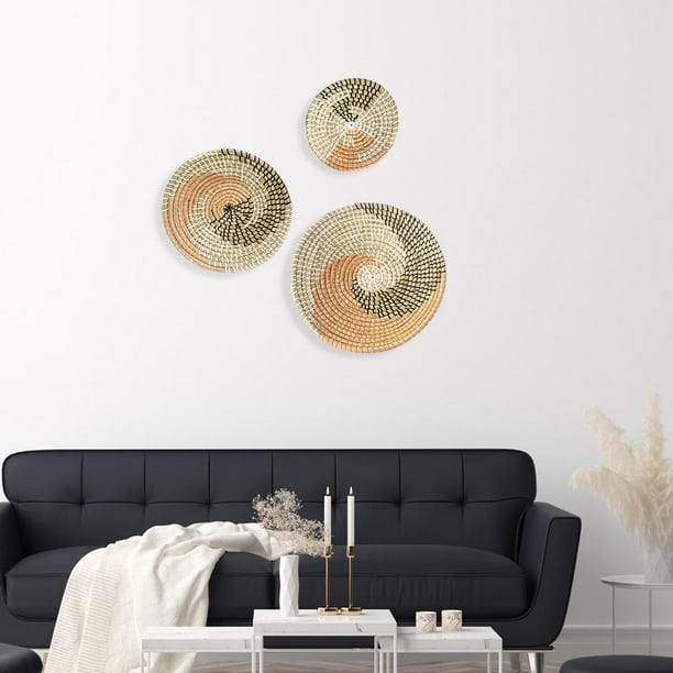 Tnarru 3pcs Hanging Woven Wall Basket Decor Baskets Wall Hanging Round Wicker Tray Flat Basket For Coffee Table Fruit Cup Coaster Black Yellow