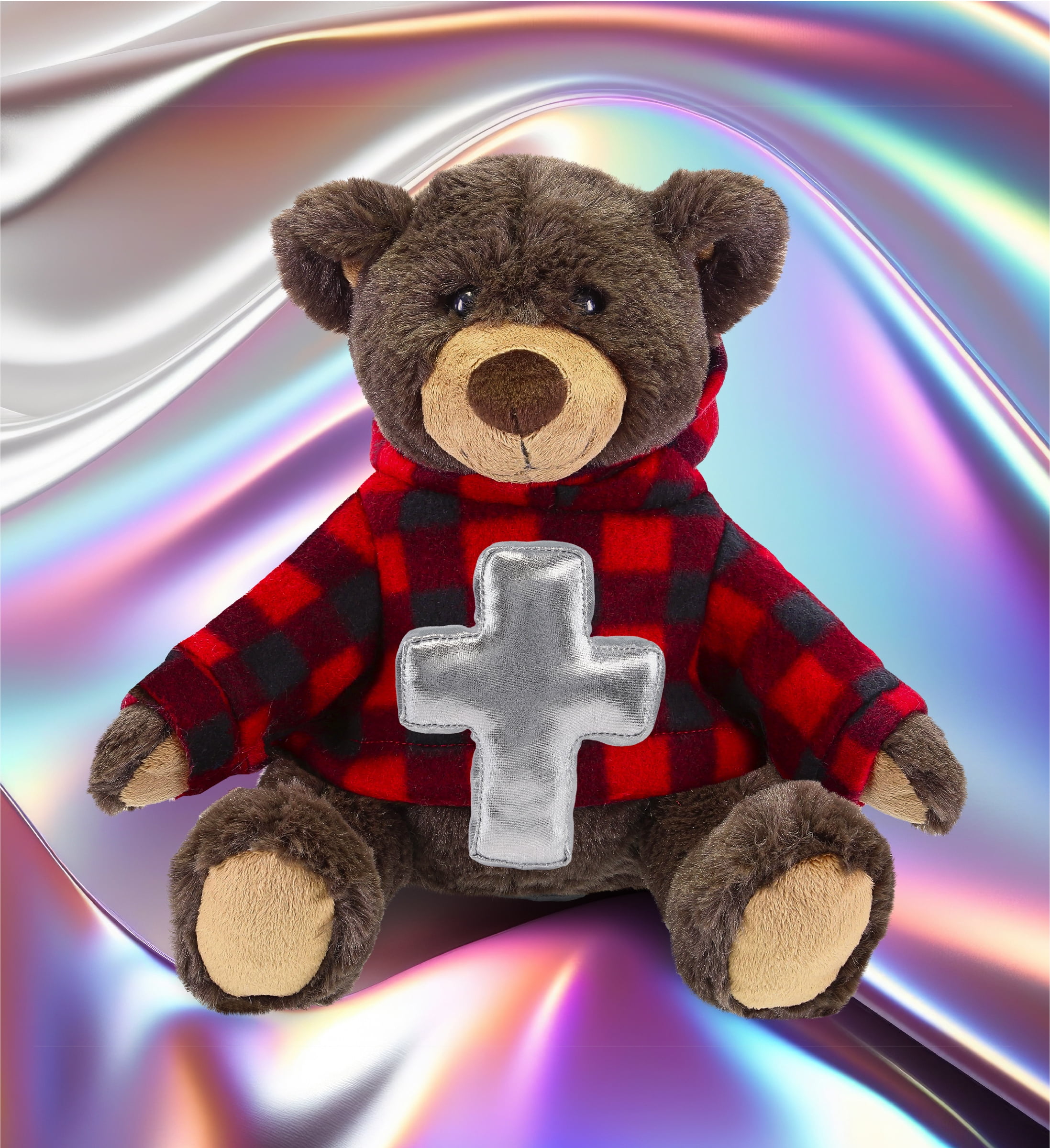 DolliBu Brown Bear with Red Plaid Hoodie Stuffed Animal with Silver Cross Plush - Religious Baptism Gifts for Boys and Girls, Dedication Christening Gifts Plush Prayer Toy Stuffed Animal - 9 Inch