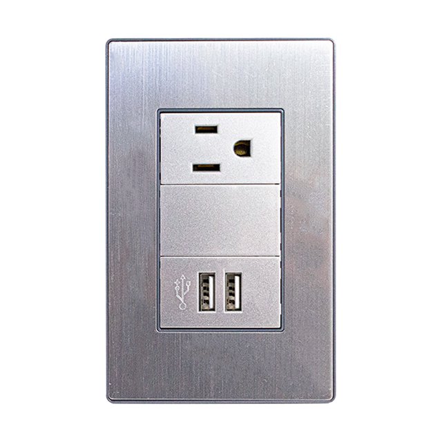 kit 2 placas armadas con 1 contacto y 2 entradas usb cordoba sanelec córdoba 4639 placa gris con un contacto con conexión a tierra y dos puertos USB frontales en vertical, acabado cepillado metálico, vista frontal centrada sobre fondo claro; para instalaciones de 127 V y hasta 10 A. Suele usarse para cargar teléfonos y tabletas.