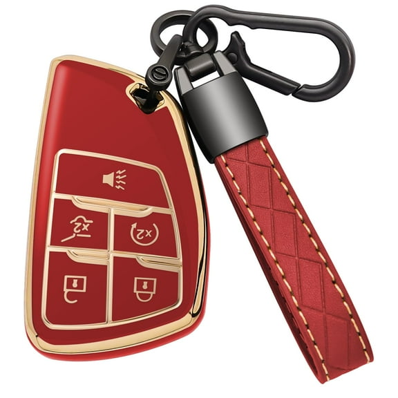 for Chevy Key Fob Cover with Leather Keychain Soft TPU Key Case Shell Holder Fits for Chevrolet 2021 2022 2023 2024 Suburban Tahoe Silverado 1500, for GMC Yukon Sierra 5 Button