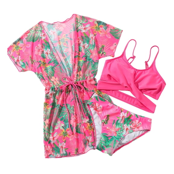Staki Girls Three Piece Swimsuit Girls Swimsuits 3 Piece Bathing Suit with Cover Up Tropical Flower Swimwear for Hawaiian Holiday 8-12Y(Hot Pink,11-12 Years)