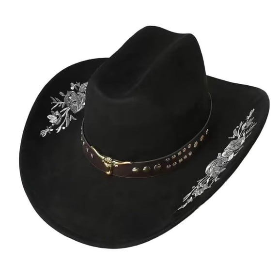 RUINIXCW Western Cowboy Hat for Men Women Cowgirl Hat Felt Wide Brim Fedora Hat with Bull Head Belt Floral Embroidery Roll Up Jazz Hat Themed Party Cap Wedding Festival Costume