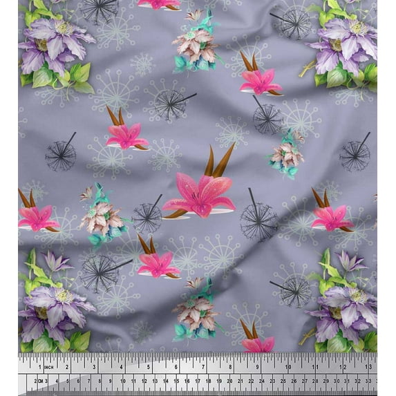 Soimoi Poly Georgette Fabric Leaves & Lily Floral Decor Fabric Printed Yard 42 Inch Wide