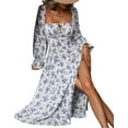 thumbnail image 3 of Womens Casual Square Neck Long Sleeve Boho Floral Midi Dress Print Side Split Dresses White XL, 3 of 8