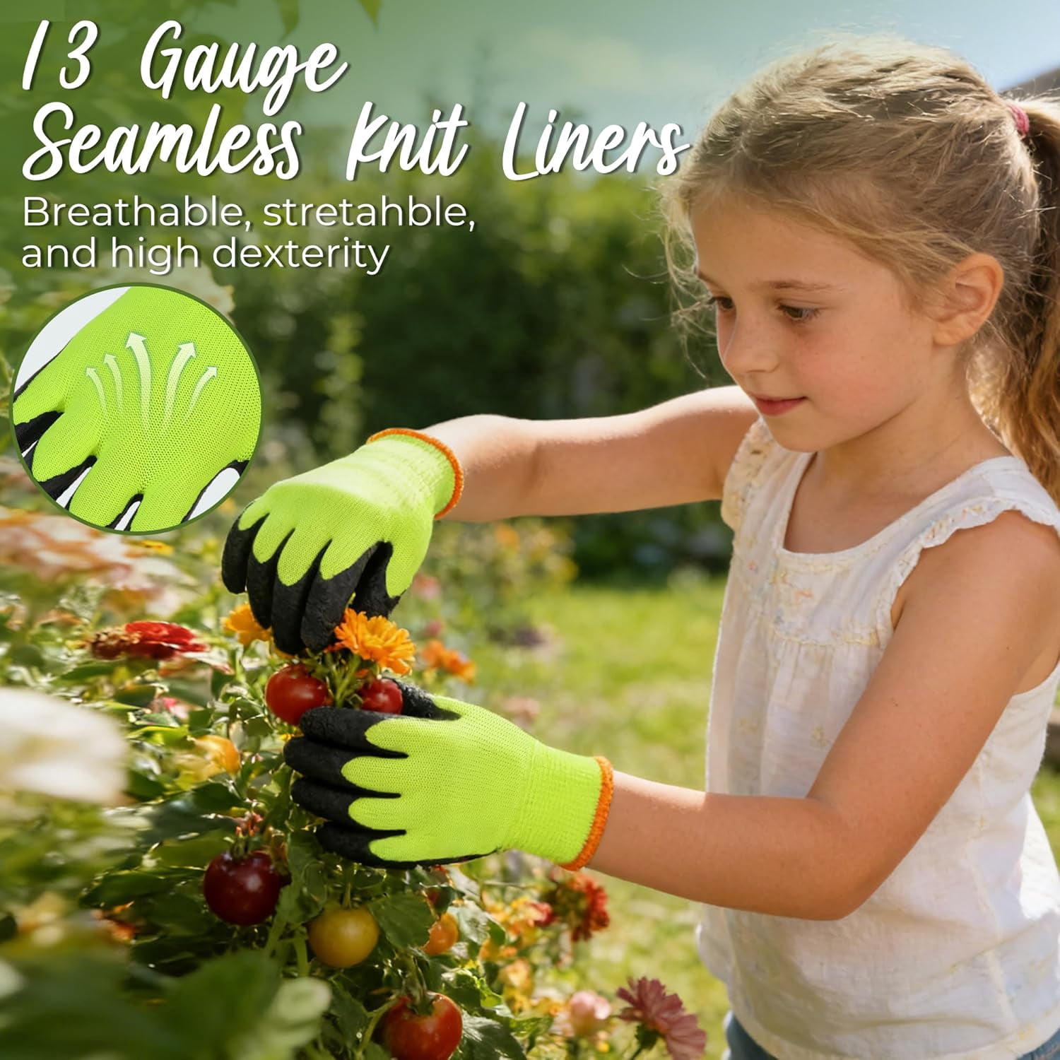 2 Pairs Kids Gardening Gripper Gloves, Foam Rubber Coated Children Toddler Garden Yard Work Outdoor Playing Gloves for Girls Boys (Size M)