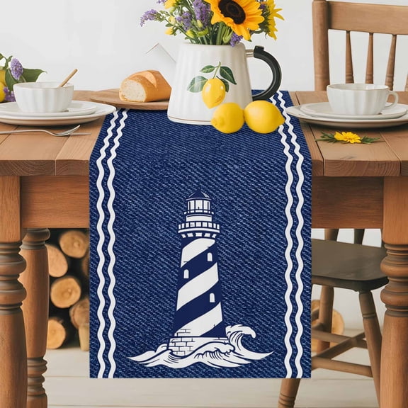 Kitchen Table Runner 36 Inches Long, Rustic Nautical Lighthouse Blue Cotton Linen Table Runners for Dining Tables Home Holiday Party Wedding, Classic Denim Marine Theme Tabletop Scarf