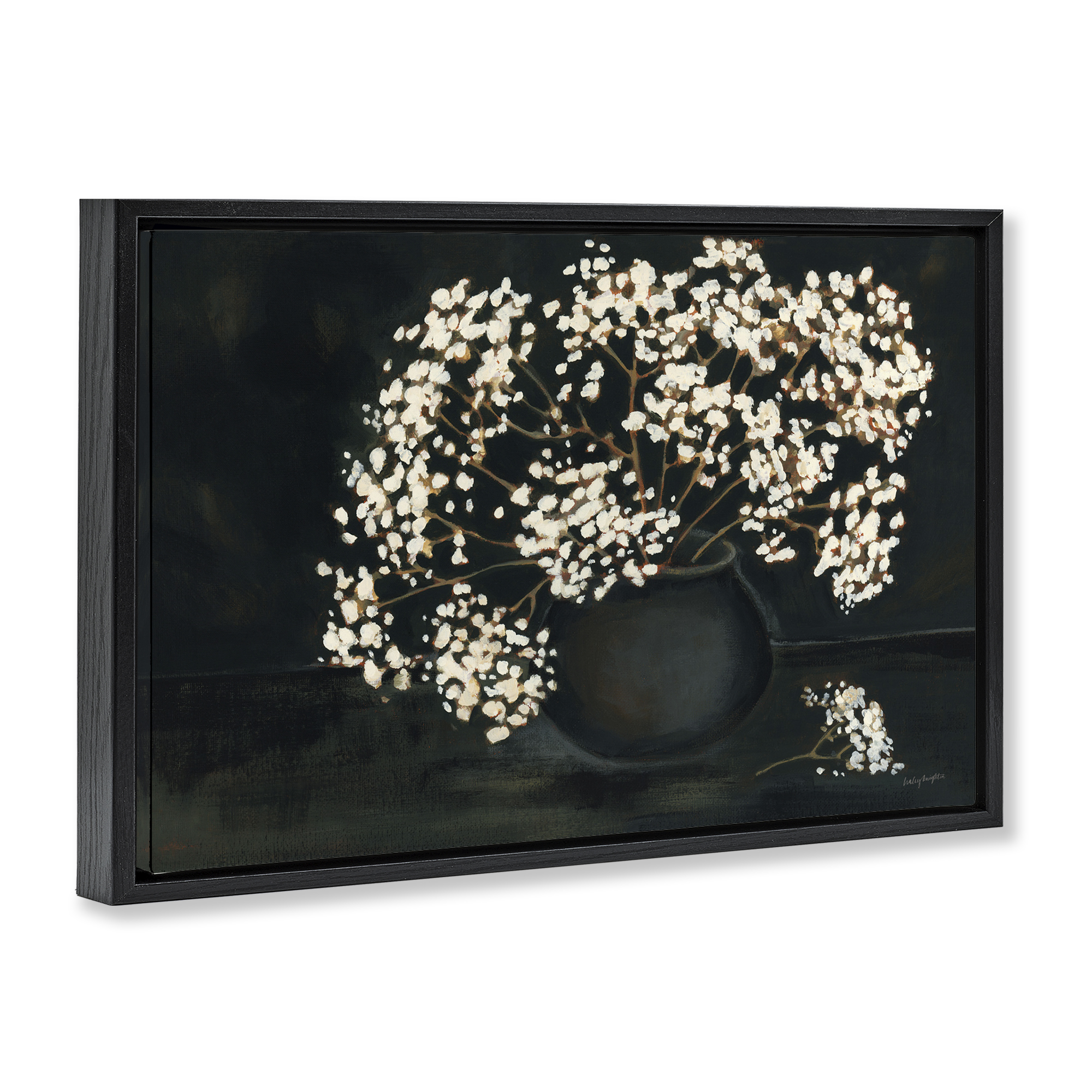 Stupell Industries Baby's Breath on Black Botanical & Floral Painting Black Floater Framed Art Print Wall Art, 31 x 21