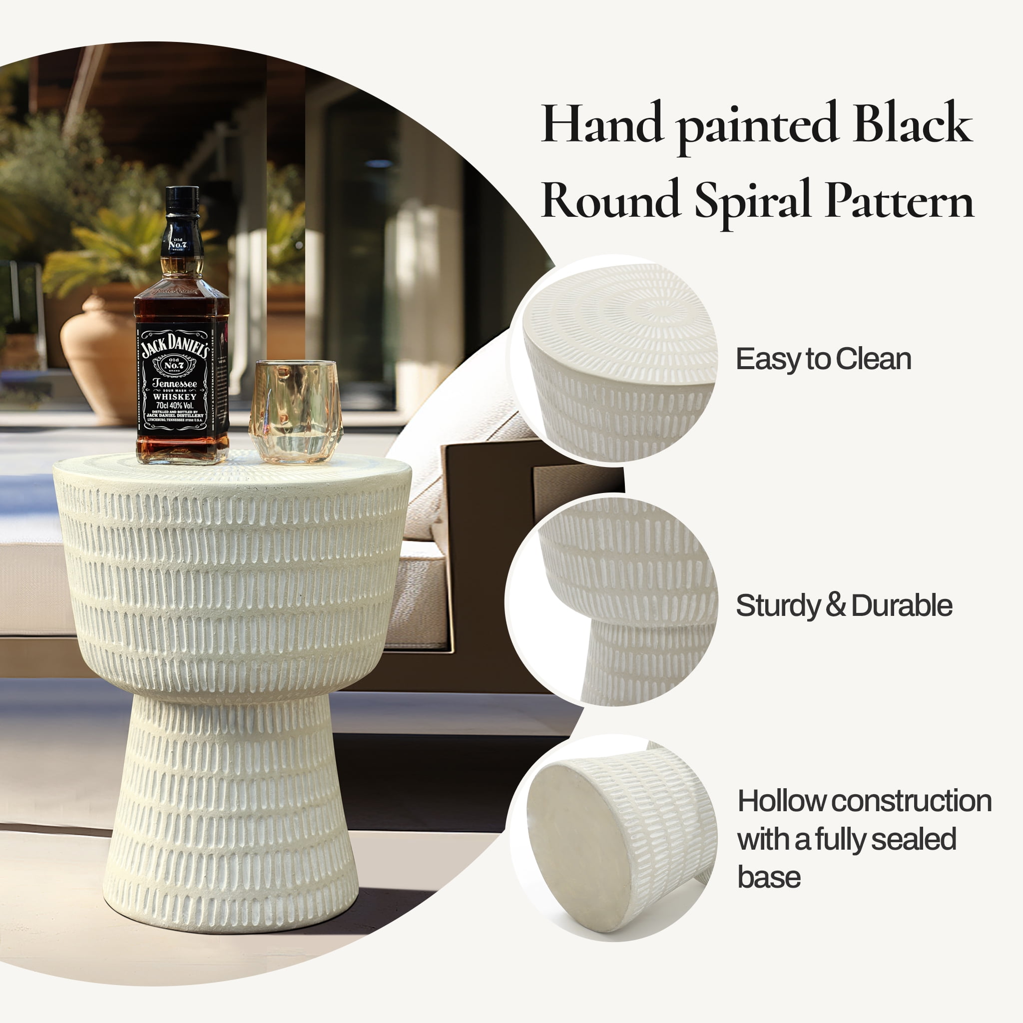 LuxenHome Outdoor Side Table, 15'' Off White Round Spiral Pattern Accent End Table, Indoor Outdoor Coffee Tables for Patio, Living Room, Backyard,Garden Stool and Plant Stand