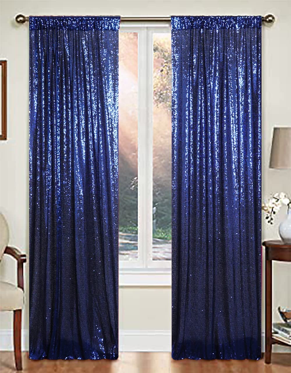 Sequin Curtains 2 Panels 2FTx8FT Navy Blue Sequin Curtain Backdrop