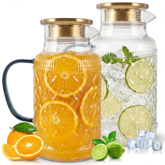 2 Pcs 2 Liter 68 oz Glass Pitcher with Lid and Handle Water Pitcher for Fridge Glass Carafe for Hot/Cold Water Large Iced Tea Pitcher for Coffee Juice and Homemade Beverage