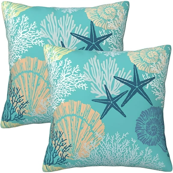 AUQ 2-Pack, Nautical Coastal Throw Pillow Covers 16X16 Set of 2 Beach Themed Ocean Seashell Coral Starfish Velvet Couch Decorative Pillow Cases Outdoor Sofa Cushion Cover for Bedroom Living Room