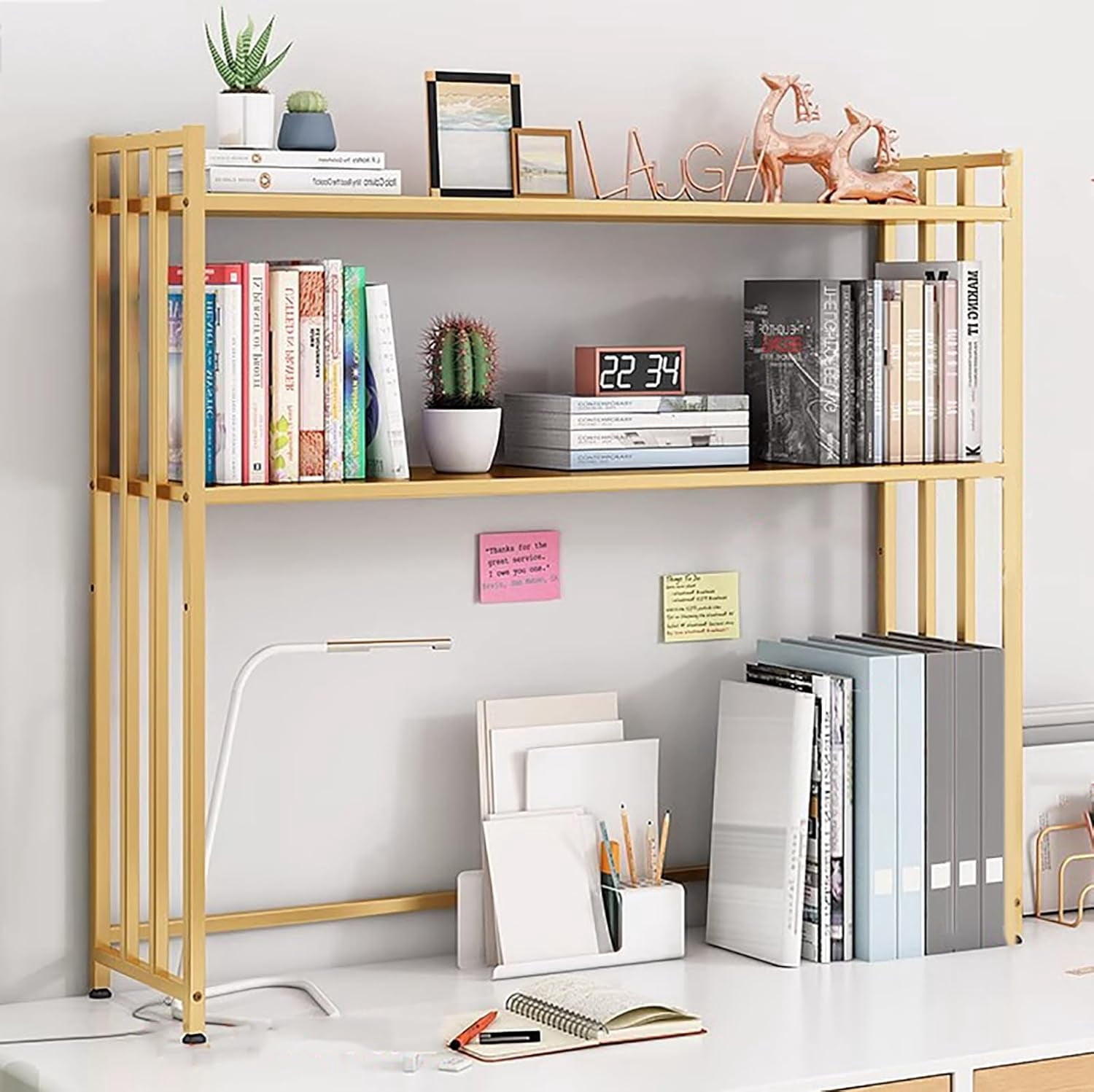 Metal Desk Hutch Dorm,2-Tier Desktop Bookshelf,Computer Desktop Organizer,Adjustable Display Rack for Home Office Dorm Countertop Storage Organizer (75cm/29.5", White)