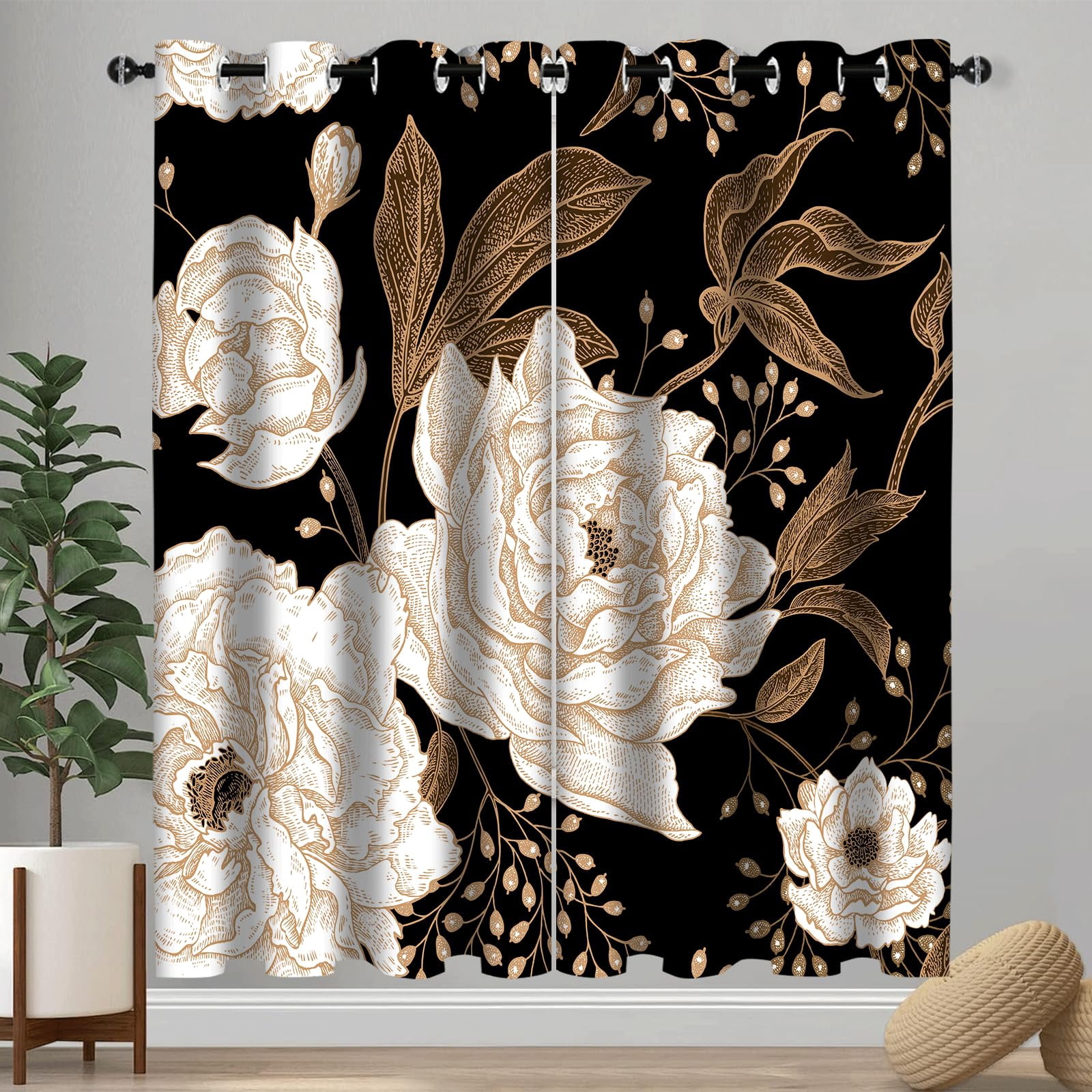 Boho Floral Blackout Curtain, Black Gold Flowers Aesthetic Art Curtains Darkening Thermal Insulated Grommet Window Drapes for Living Room Bedroom Decor 2 Panels 52x84 Inches