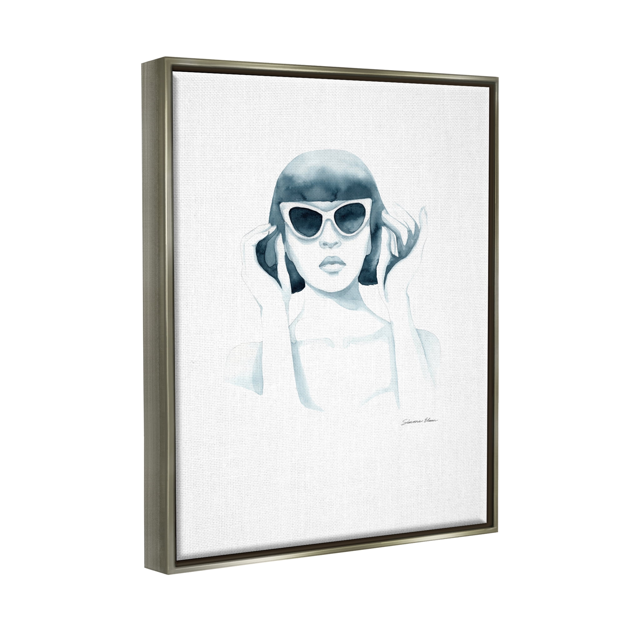 Stupell Industries Girl in Retro Sunglasses Beauty & Fashion Painting Gray Floater Framed Art Print Wall Art, 17 x 21