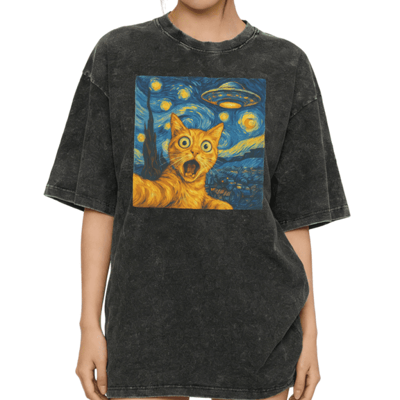 Women's Funny Starry Night Cat UFO Style Aesthetic Graphic Casual Washed T Shirt Black S-2XL Plus Size
