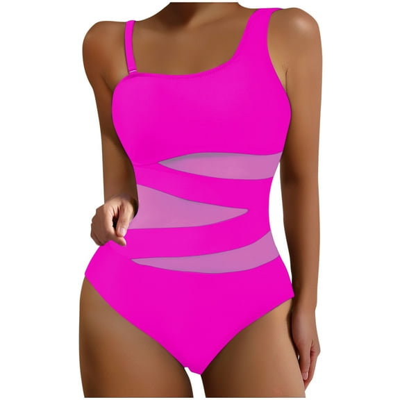 Womens Swimsuits for Summer Beach One Piece Asymmetrical Neck Bathing Suit Removable Strap Mesh Cutout Slimming Swimwear Hot Pink, M