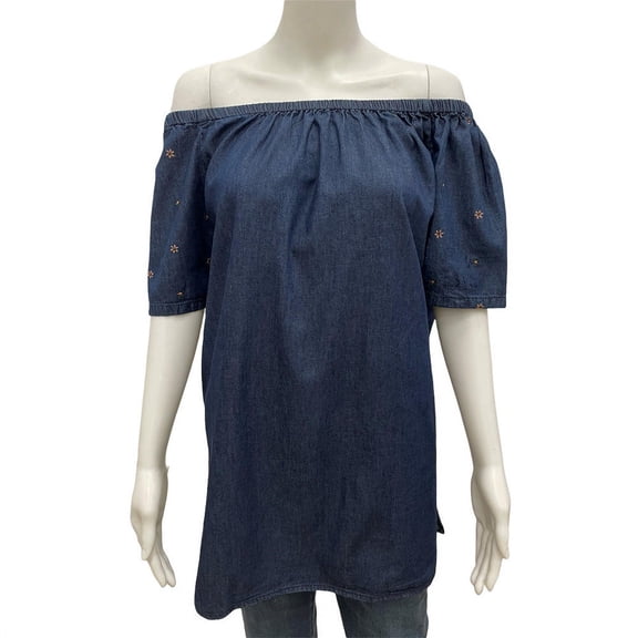 The Skyline Collection Women's Adorned Floral Sleeve Blouse in Blue - 2XL