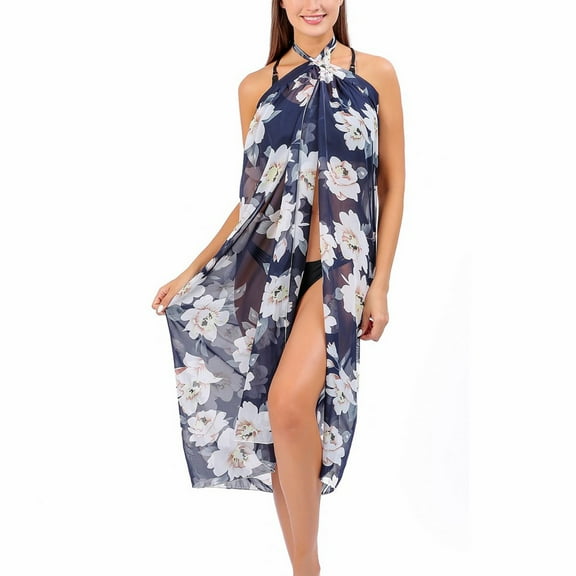 Lu's Chic Women's Sarong Beach Cover Up Light Beach Skirt Hawaiian Sheer Spring Soft Sexy Flowy Wrap Bikini Cover Up Navy Flower One Size