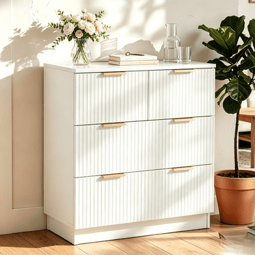 UBesGoo Dresser for Bedroom Wood 4 Drawers Dressers, Fluted Modern Dresser, White