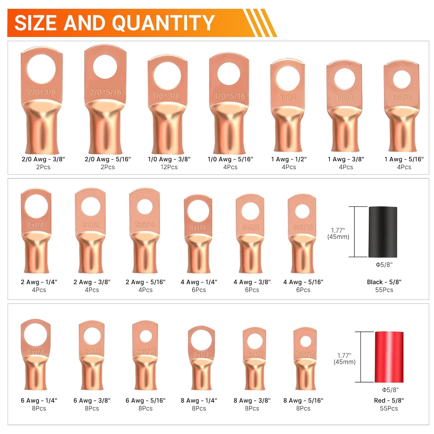 Foluck 220PCS Battery Cable Ends AWG 1 2 4 6 8 1/0 2/0 Gauge, 110PCS Heavy Duty Copper Wire Lugs Kit, Battery Cable Terminal Connectors Assortment with 110PCS 3:1 Heat Shrink Tubing