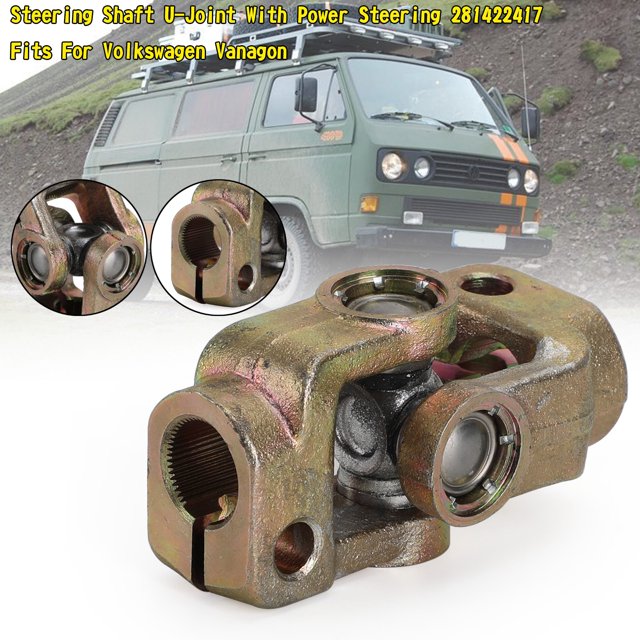 Arbre de Direction Joint en U avec Direction Assistée 281422417 Conçu pour les Modèles Volkswagen Vanagon de 1984 à 1991. le Joint en U Est Fait de Métal durable avec une Conception Scellée pour une performance Fiable. l'Image Montre un Gros Plan de la structure du Joint en U, Mettant en Valeur Ses Composants Conçus avec Précision, avec un Volkswagen Vanagon en Arrière-Plan.
