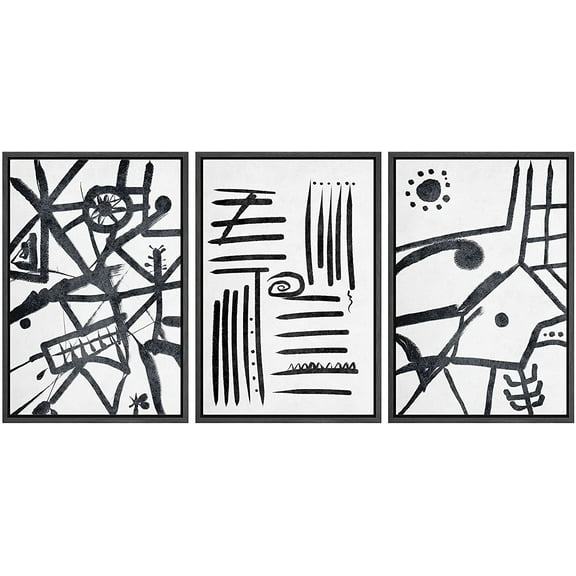 IDEA4WALL Framed Canvas Wall Art Sun, Circles, Grids and Lines Symbols Decorative Brushstroke Drawings Minimalism Global Urban Black and White for Living Room, Bedroom, Office
