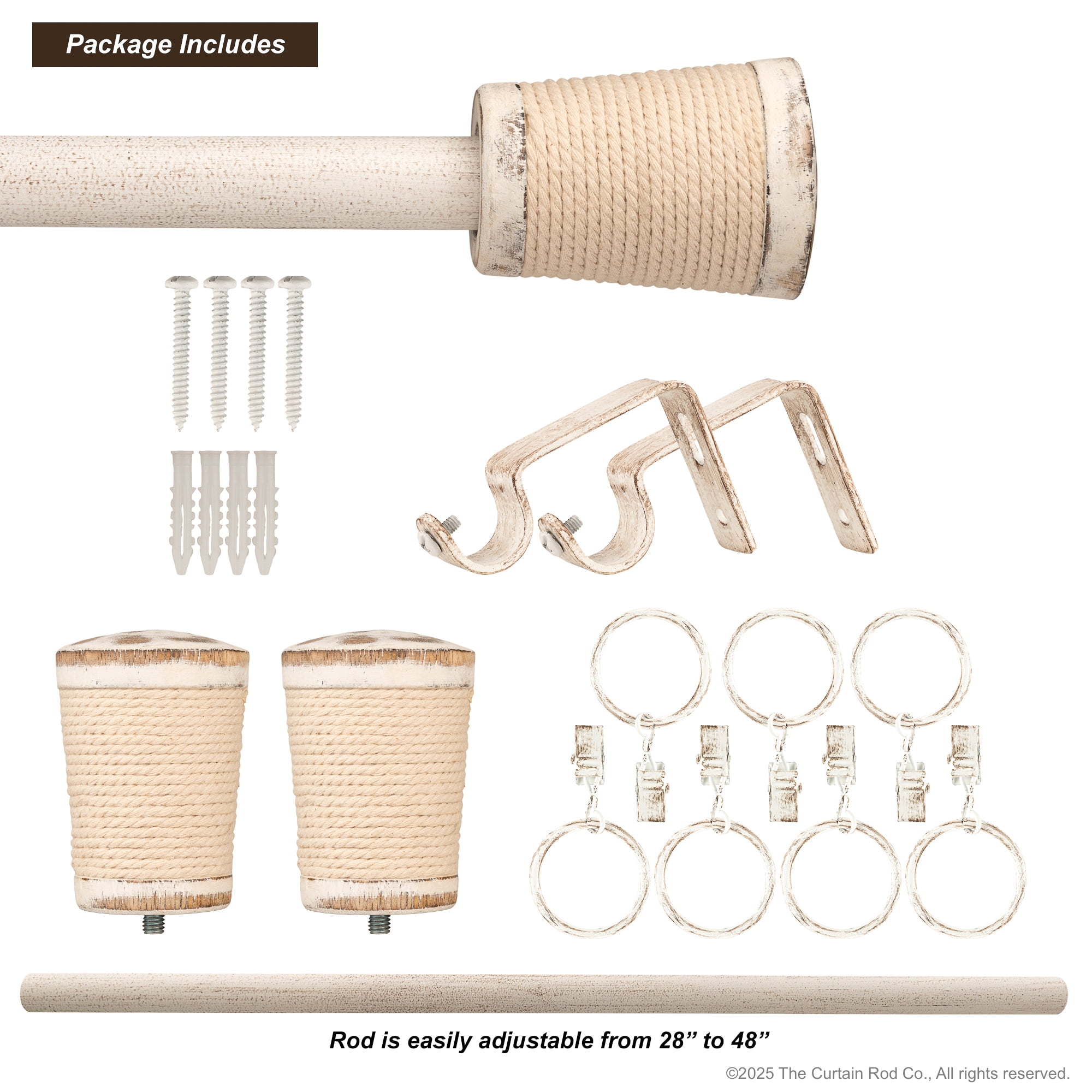 Micah Farmhouse Rustic Distressed White Curtain Rod Set 28"- 48" with Real Wood Finials