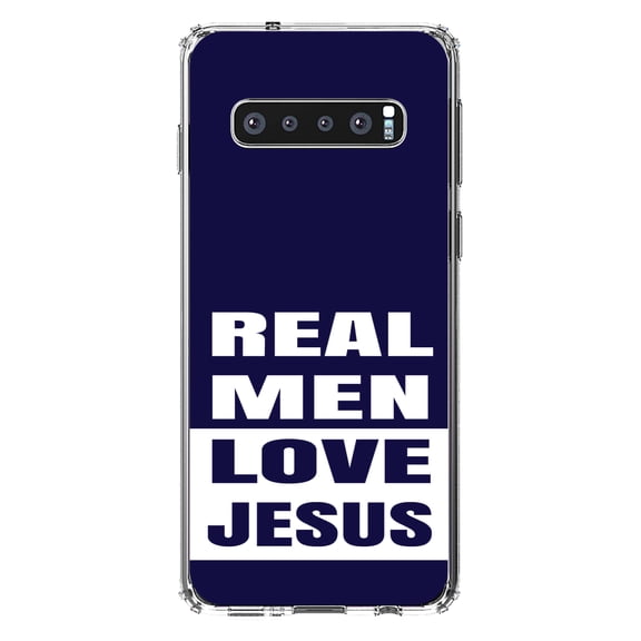 DistinctInk Clear Shockproof Hybrid Case for Samsung Galaxy S10 (6.1" Screen) - TPU Bumper, Acrylic Back, Tempered Glass Screen Protector - Navy Real Men Love Jesus - Christ