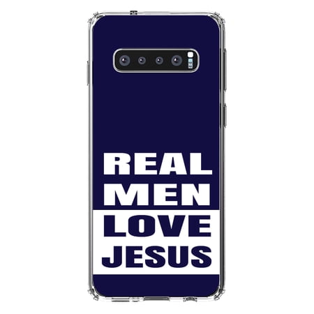 DistinctInk Clear Shockproof Hybrid Case for Samsung Galaxy S10 (6.1 Screen) - TPU Bumper Acrylic Back Tempered Glass Screen Protector - Navy Real Men Love Jesus - Christ
