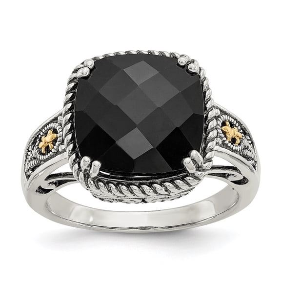 Diamond2Deal 925 Sterling Silver with 14K Accent Antiqued Black Onyx Ring for Women Size 8