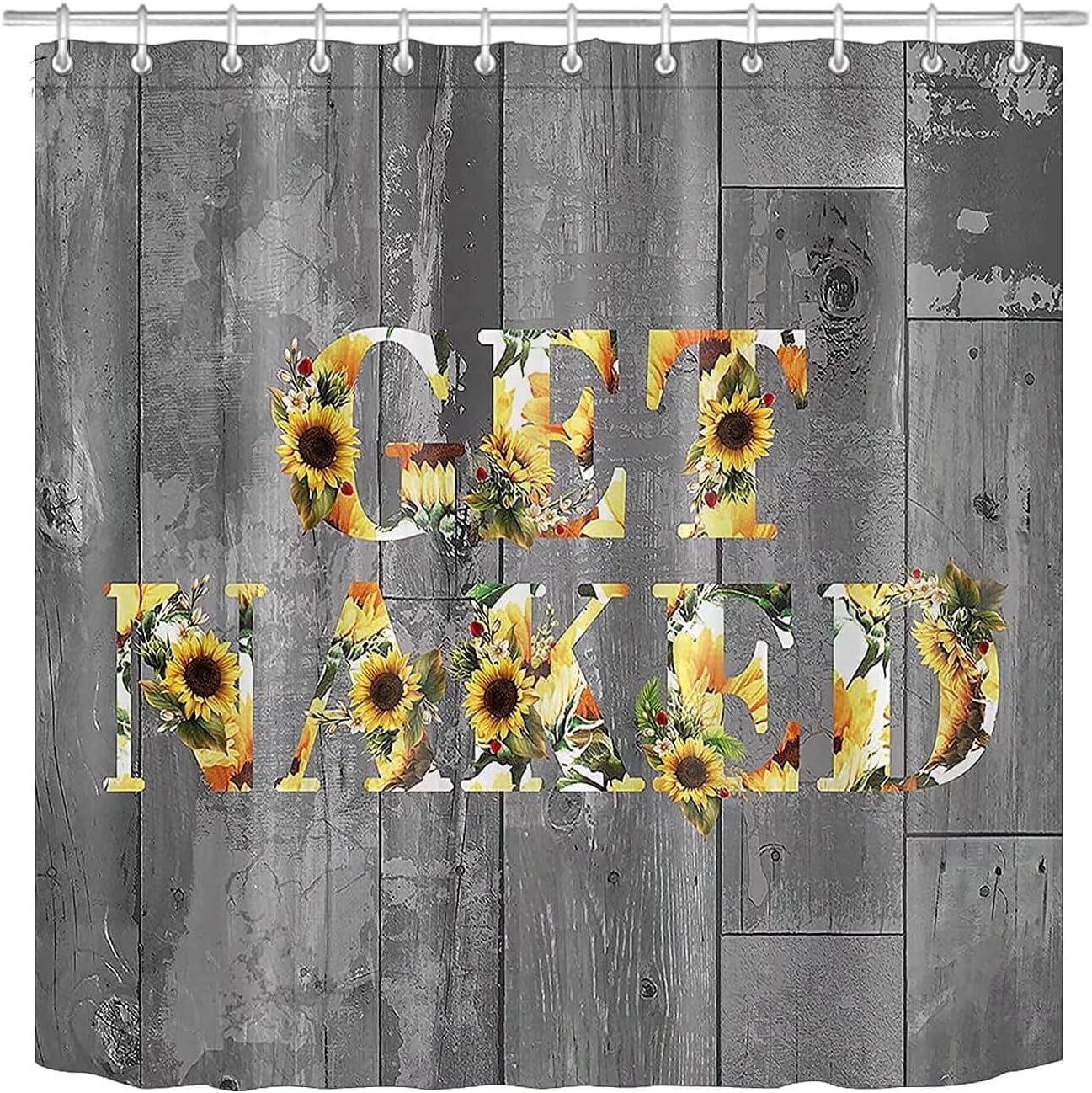 4Pcs Get Naked Sunflower Shower Curtain Sets Floral Green Bathroom Set Decor with Non-Slip Rugs Bath U-shaped Mat Toilet Lid Cover Country Flower Bathroom Curtains Shower Set with 12 Hooks