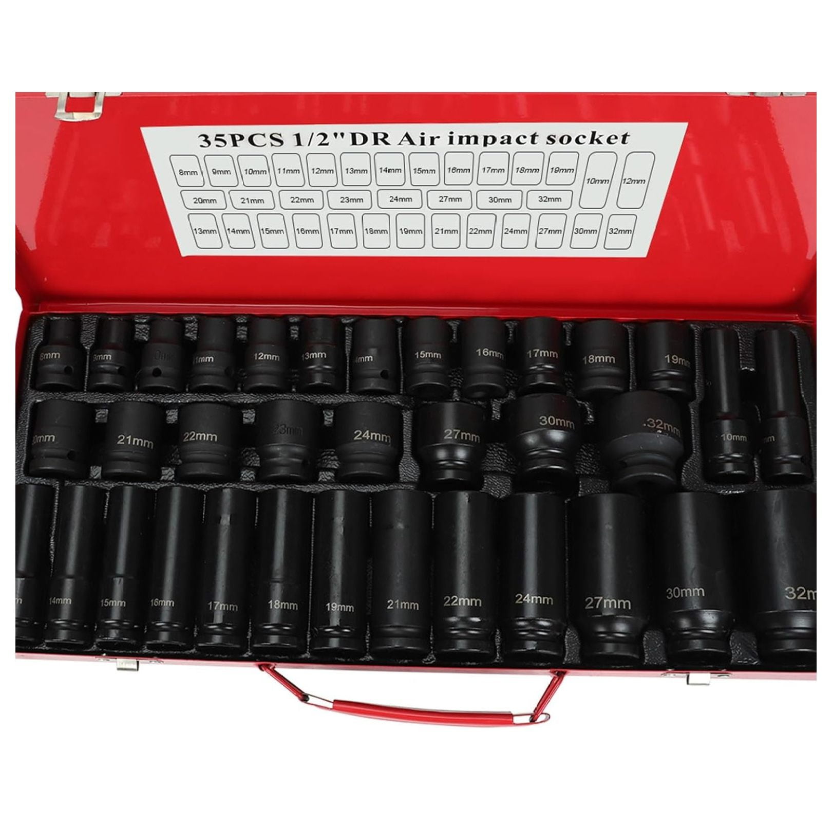 35pcs 1/2" Inch Deep Impact Socket Set Drive 8-32mm Metric Garage Sae With Case - 6 Point - Garage Workshop Car Auto Truck Repair Hand Tools