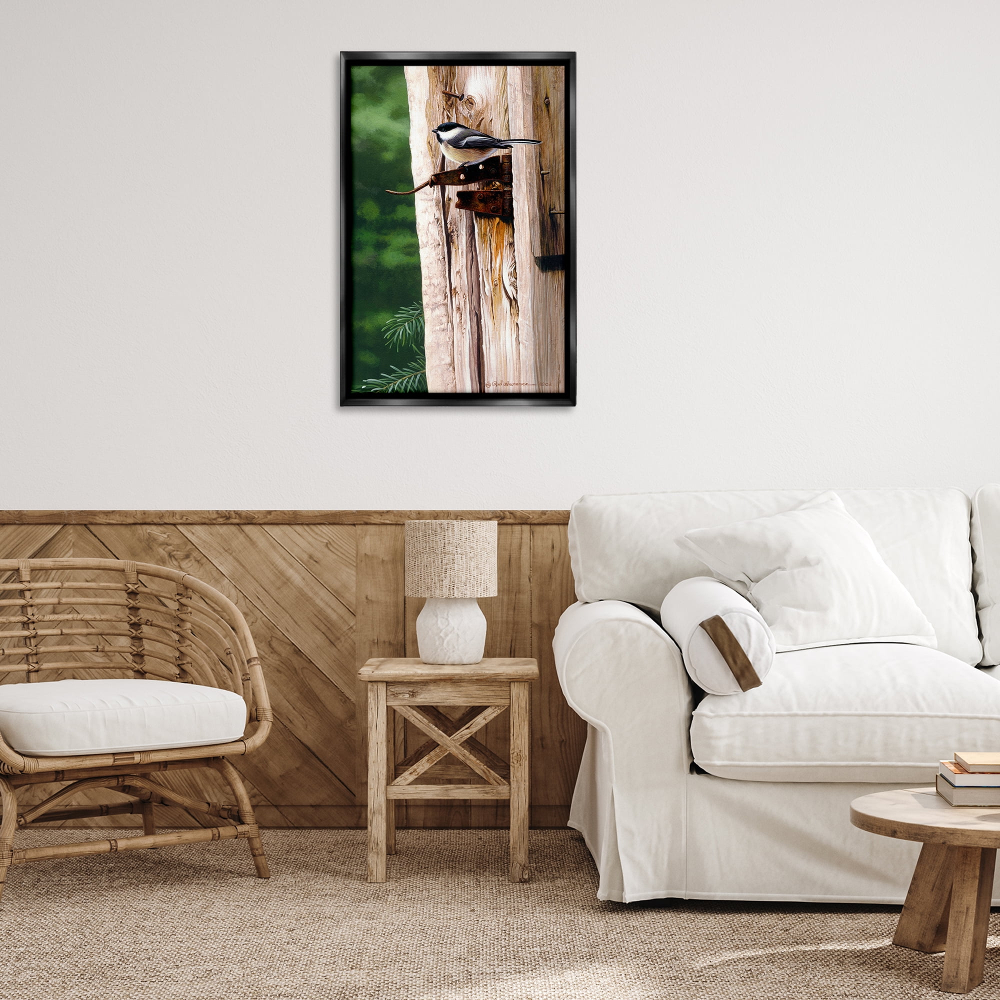 Stupell Industries Bird on Rusty Perch Animals Painting Black Floater Framed Canvas Art Print Wall Art, 21 x 31