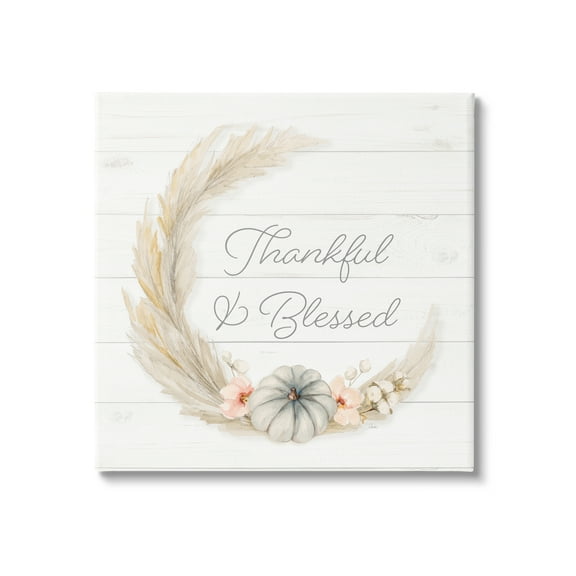 Thankful & Blessed Tender Autumnal Phrase Wreath Inspirational Graphic Art Gallery-Wrapped Canvas Print Wall Art