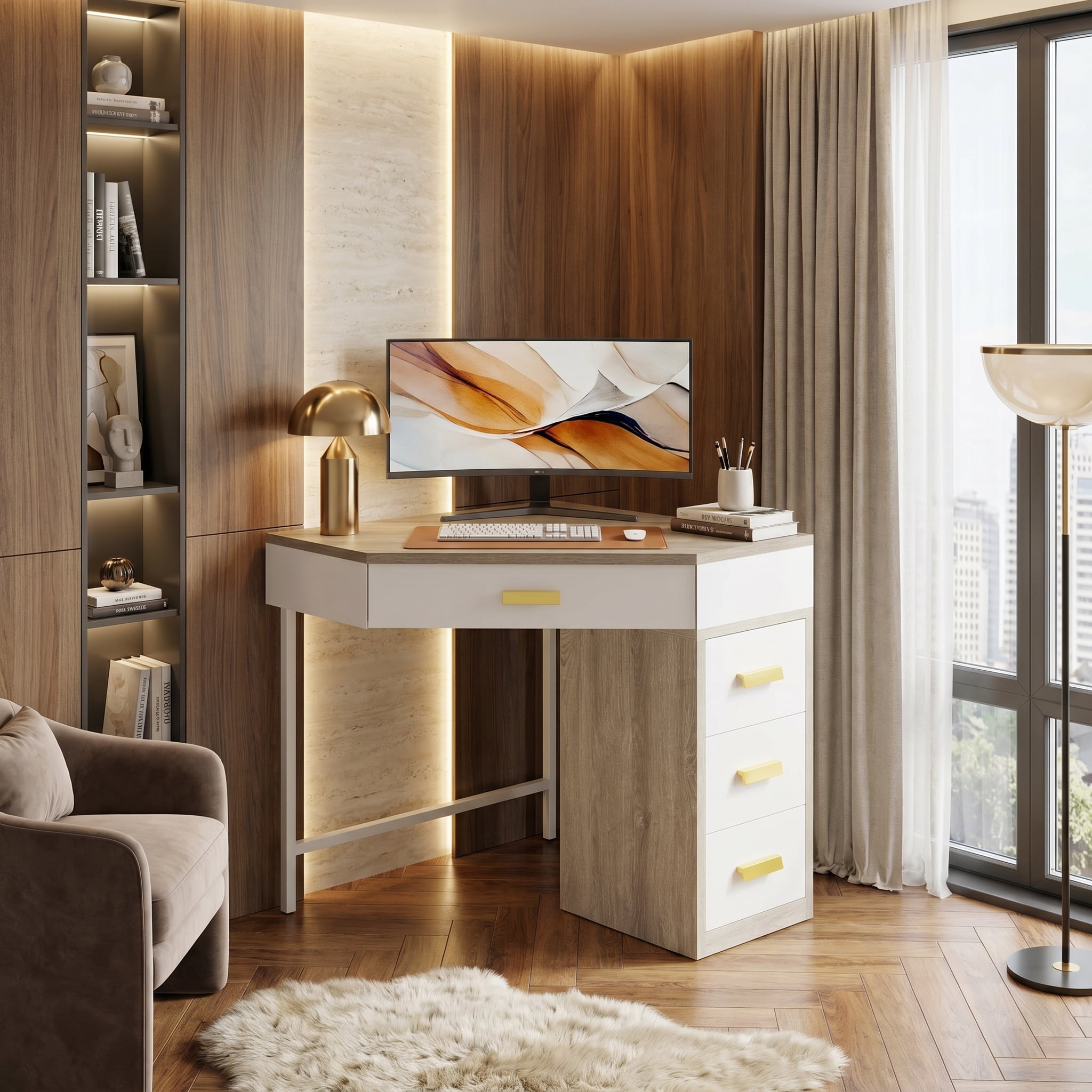 Fnova Corner Desk for Small Space, Triangle Computer Desk with 3 Drawers, 90-Degree Makeup Vanity Desk for Home Office, Bedroom (Grey+White)