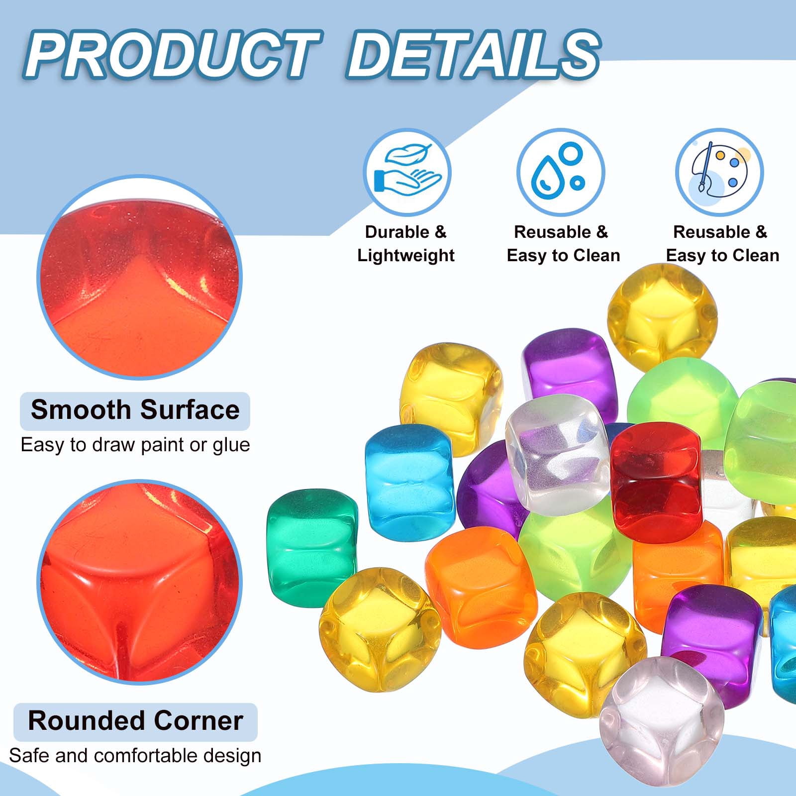 16 mm Clear Acrylic Dice Blank, 100 Pcs Rounded Corner Blank Dice with Smoothed Surface Six Sided for Board, Multicolor