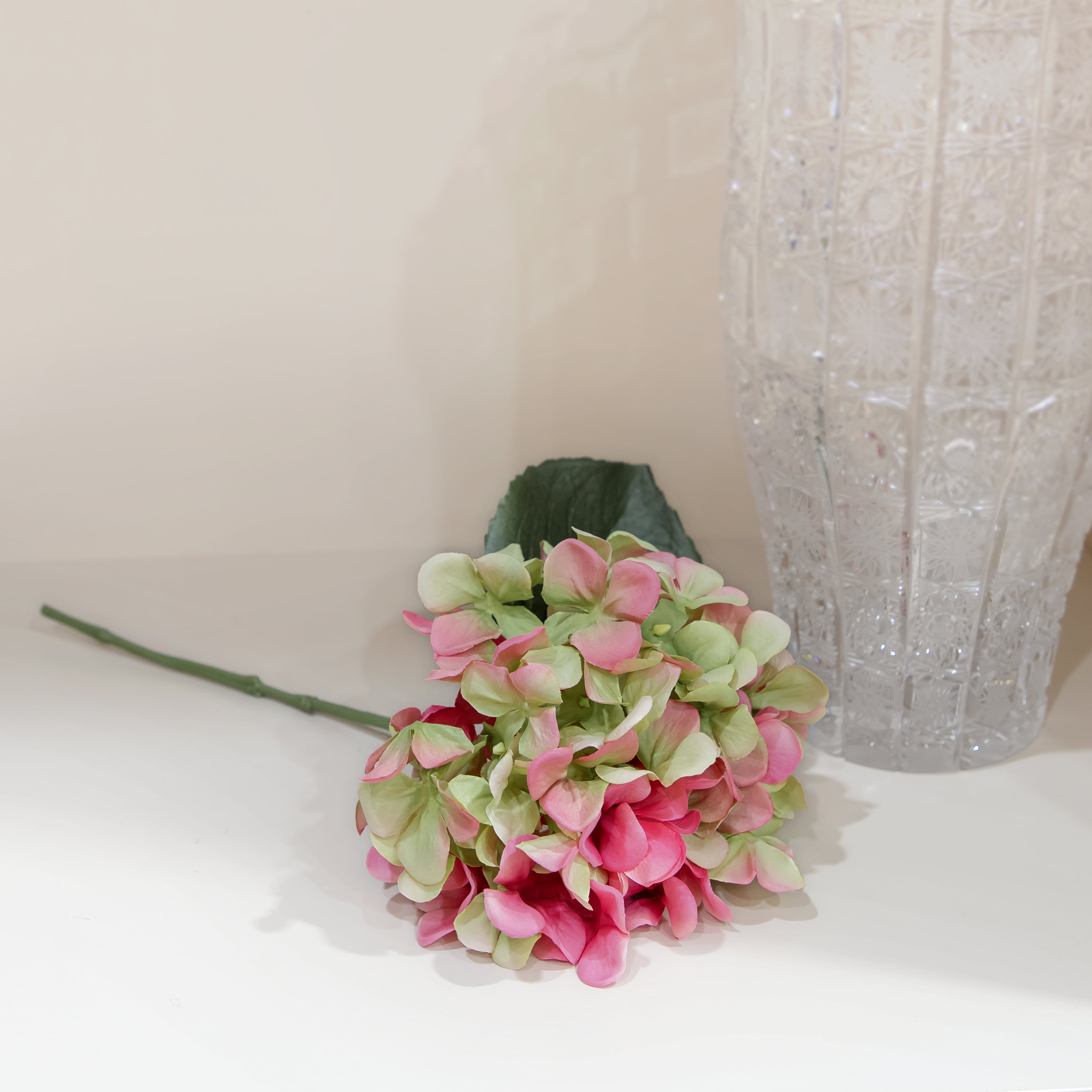 Mainstays 12.5" Artificial Silk Pink & Green Hydrangea Short Stem