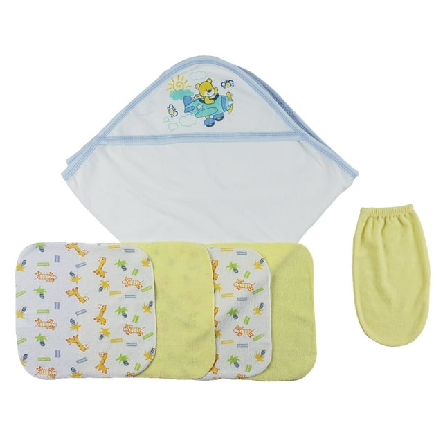 Blue Hooded Towel, Washcloths and Hand Washcloth Mitt - 6 Pc Set