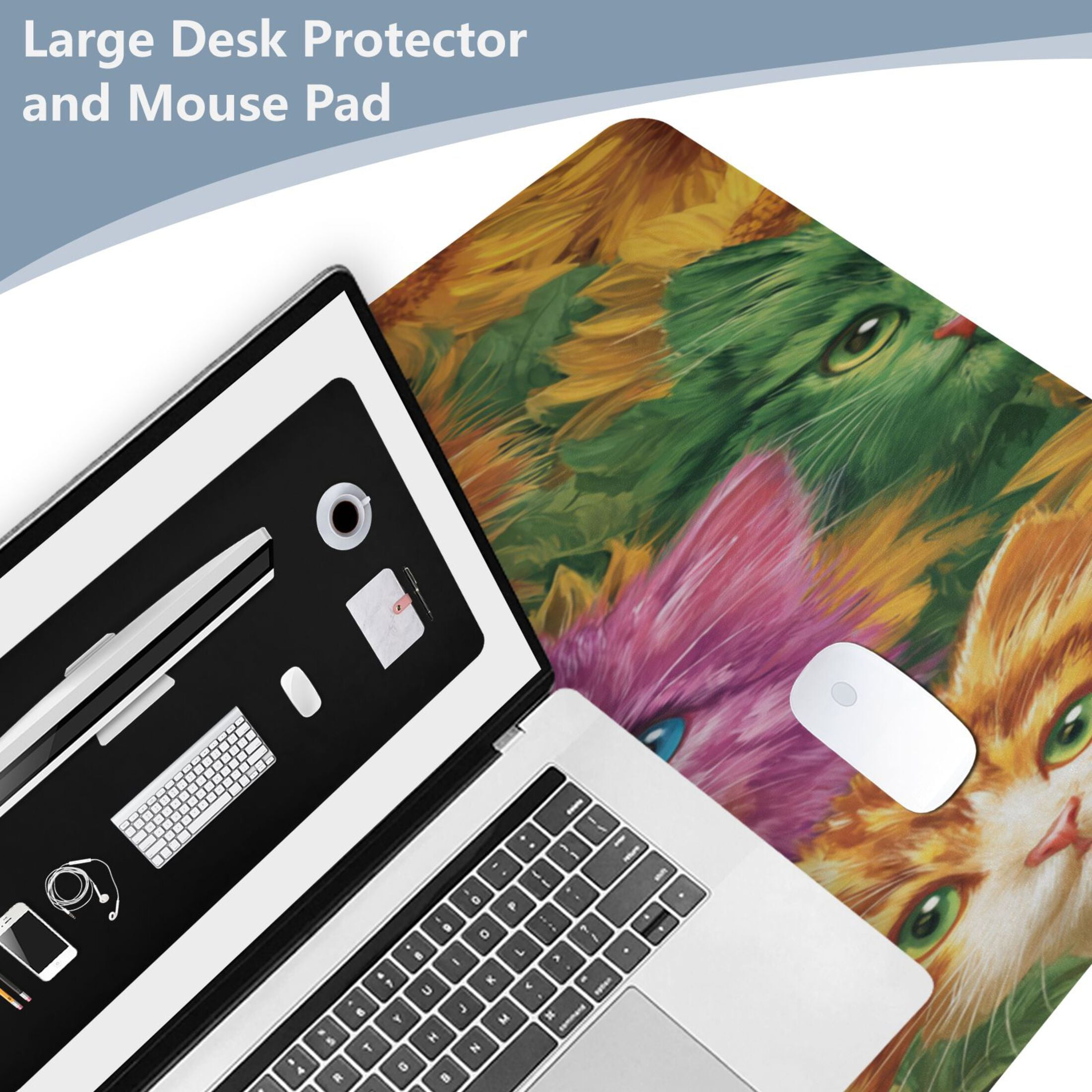 Leather Keyboard and Mouse Desk Mat Office Desk Accessories Protective Office Desk Decor Desk Pad Mat for Gaming, Work from Home, Office Colorful Cat and Sunflowers 16.5" x 35.4"