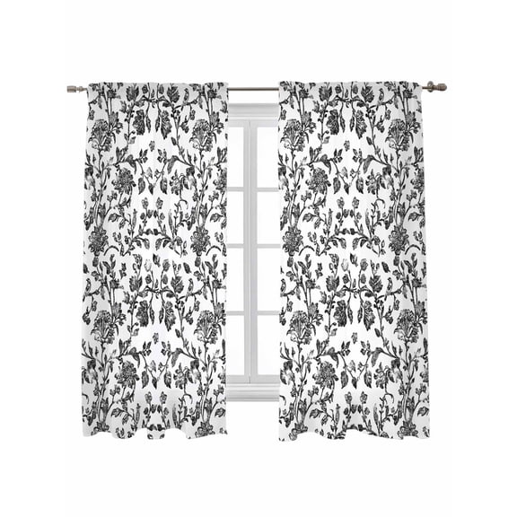 Black Flower Curtains 63 Inch Length, Sheer Curtains for Bedroom Living Room Window Vintage Farmhouse Boho Leaf Spring Plant Rod Pocket Drapes Kitchen Curtains Small Half Window 42"x63" 2 Panels