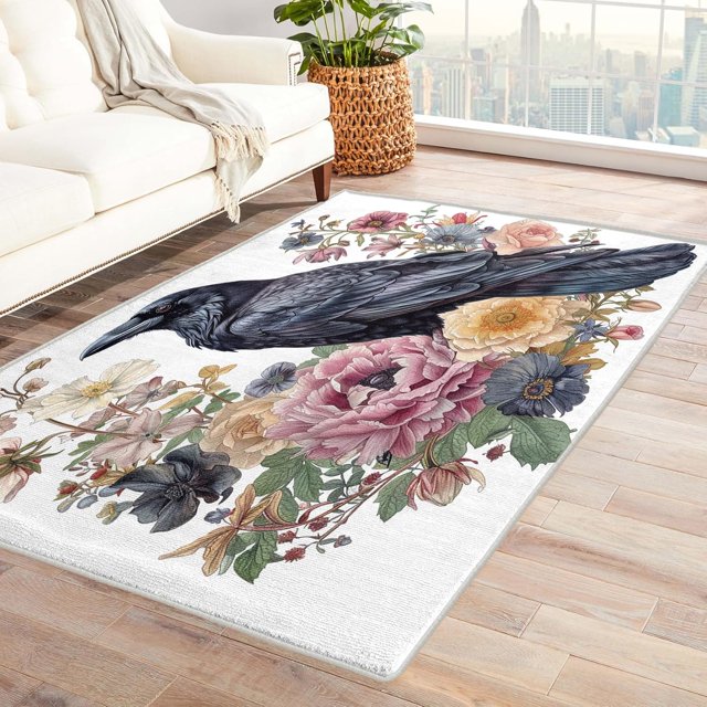 Crow Rug, Birds Area Rug 4x5, Flowers Rugs for Bedroom, Rugs Low Pile Washable Stain Resistant Easy Clean for Dining Room, Living Room Soft Carpet Decor Km&-304