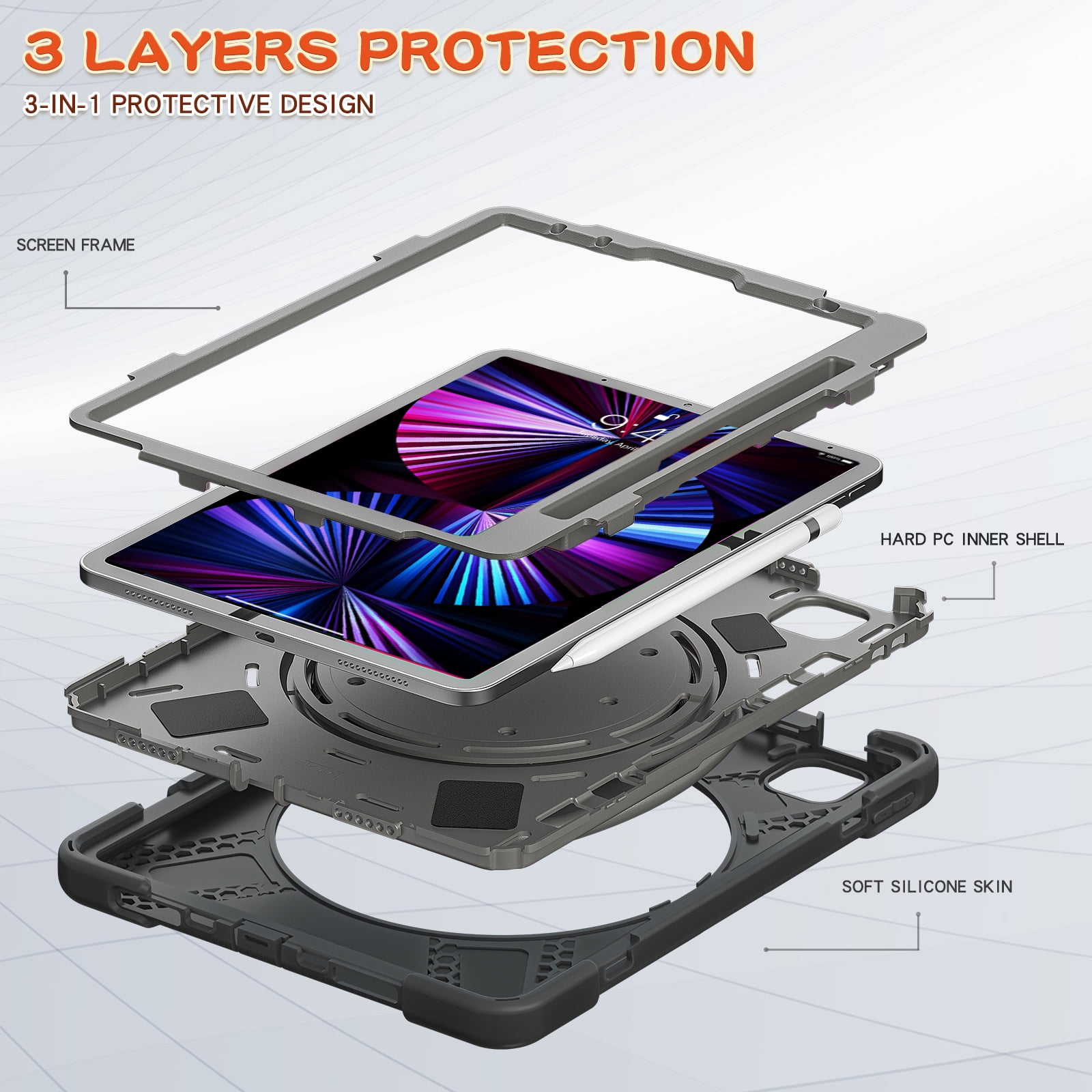 Shockproof Case for Apple iPad Air 11 M4 M3 M2 2026/2025/2024, Heavy Duty Protective Handle Kickstand Anti-Scratch Kids Friendly [Shoulder Strap] Pencil Holder Tablet Cover, Black+Gray