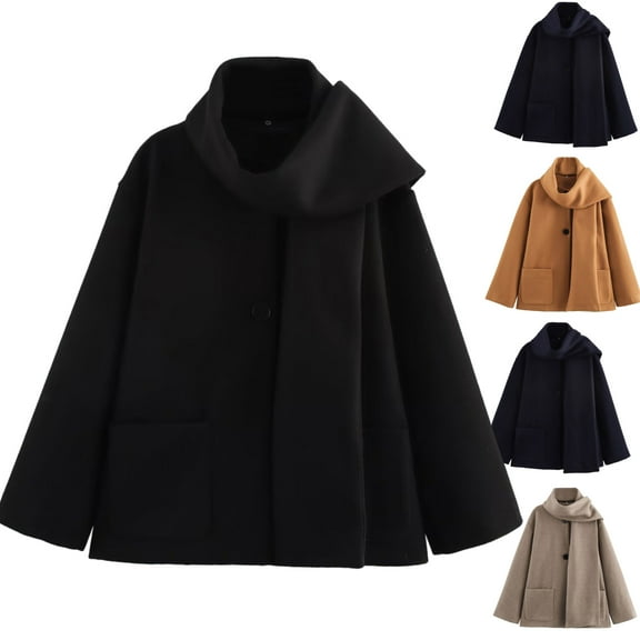 Gamivast Wool Coat for Women Oversized Drop Shoulder Button up Peacoats with Scarf Trendy Long Sleeve Winter Trench Coat Warm Windbreaker Jackets with Pockets