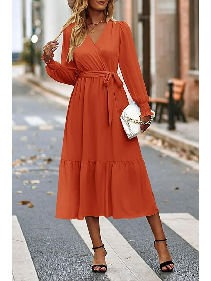 Prettygarden Women's Maxi Dress Fall Long Sleeve Wrap V Neck Ruffle Flowy Belted Spring Wedding Guest Vacation, Size: 2XL, Red