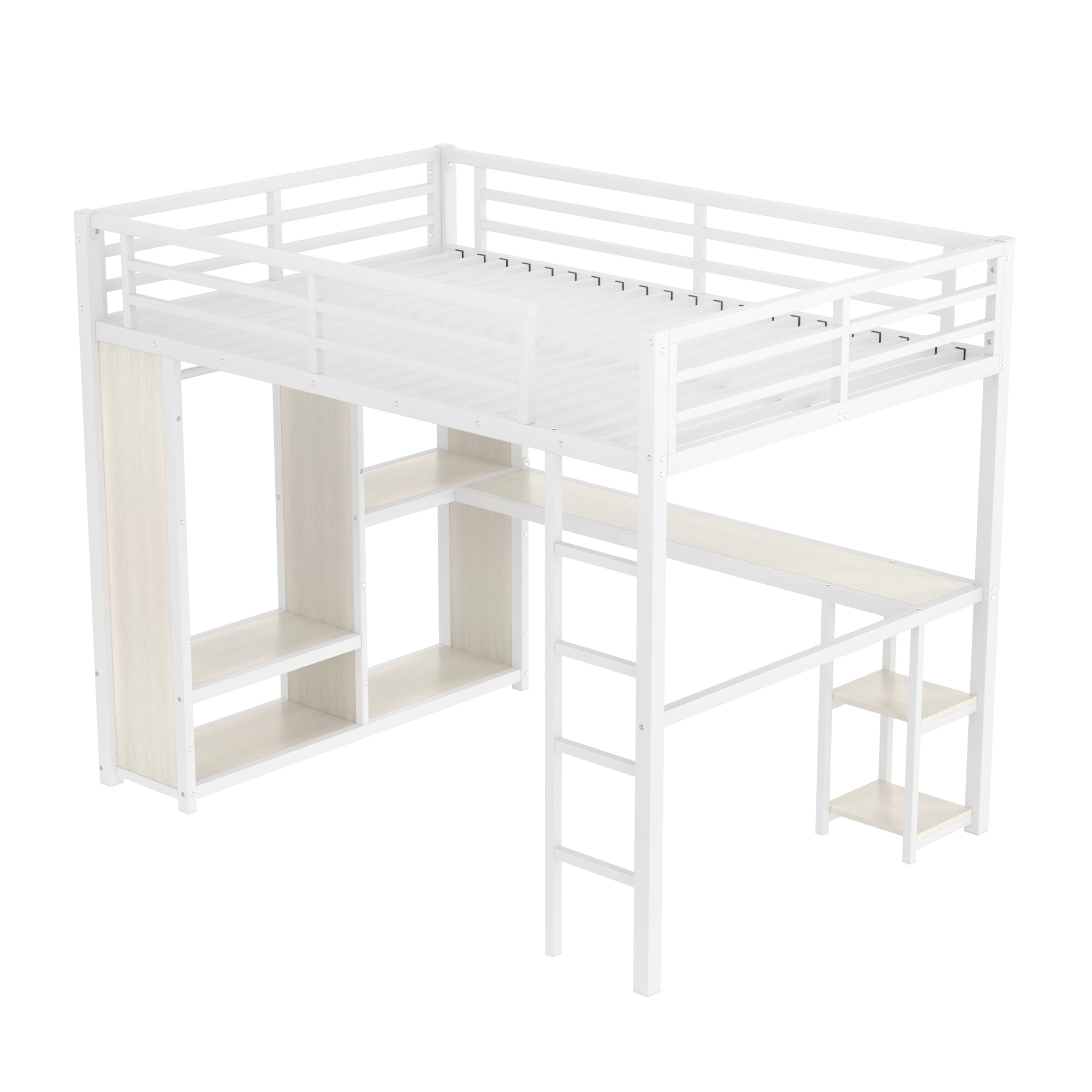 Leumius Full Size Metal Loft Bed with Built-in Wardrobe,Heavy Duty Loft Bed Frame with Desk and Storage Shelves,Space-Saving,White