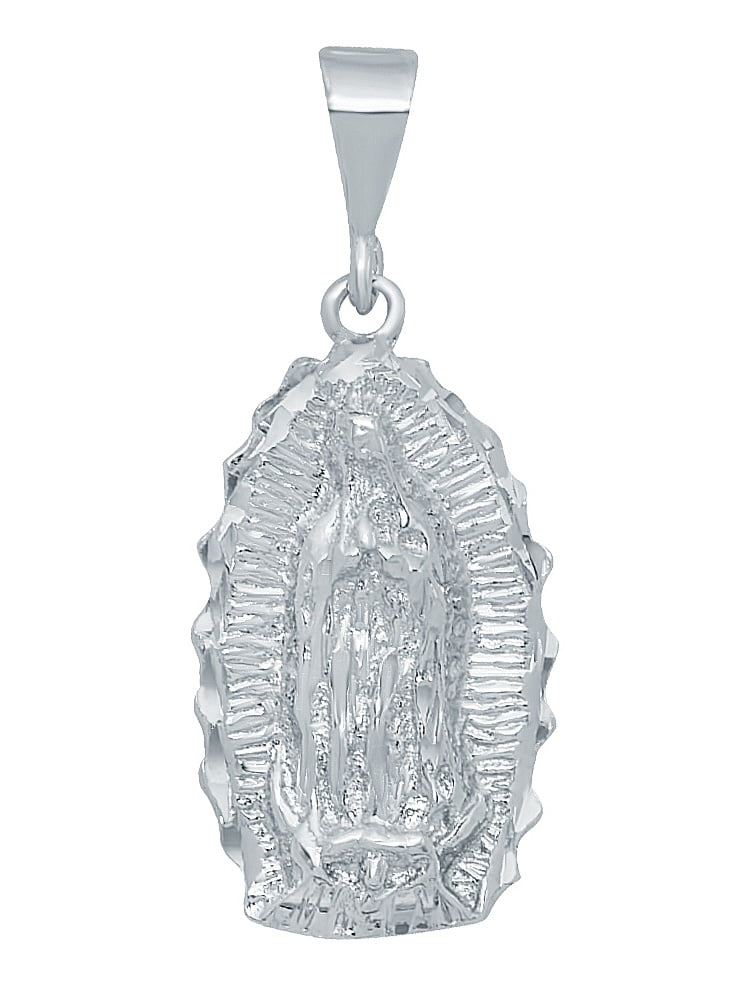 The Bling Factory Rhodium Plated 20mm x 38mm Virgin Mary Scalloped Edge Oval Pendant Microfiber Cloth