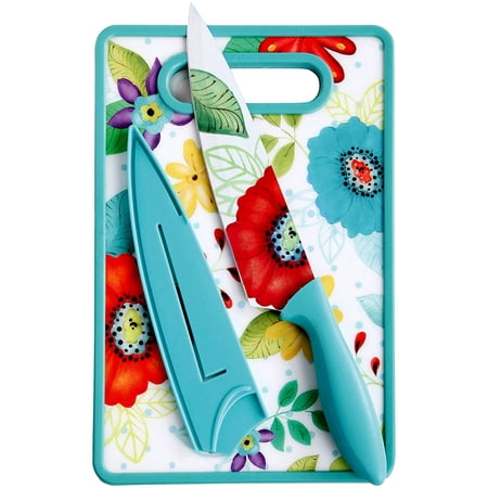 Jordana Turquoise Floral Cutting Board with 8  Chef Knife and sheath